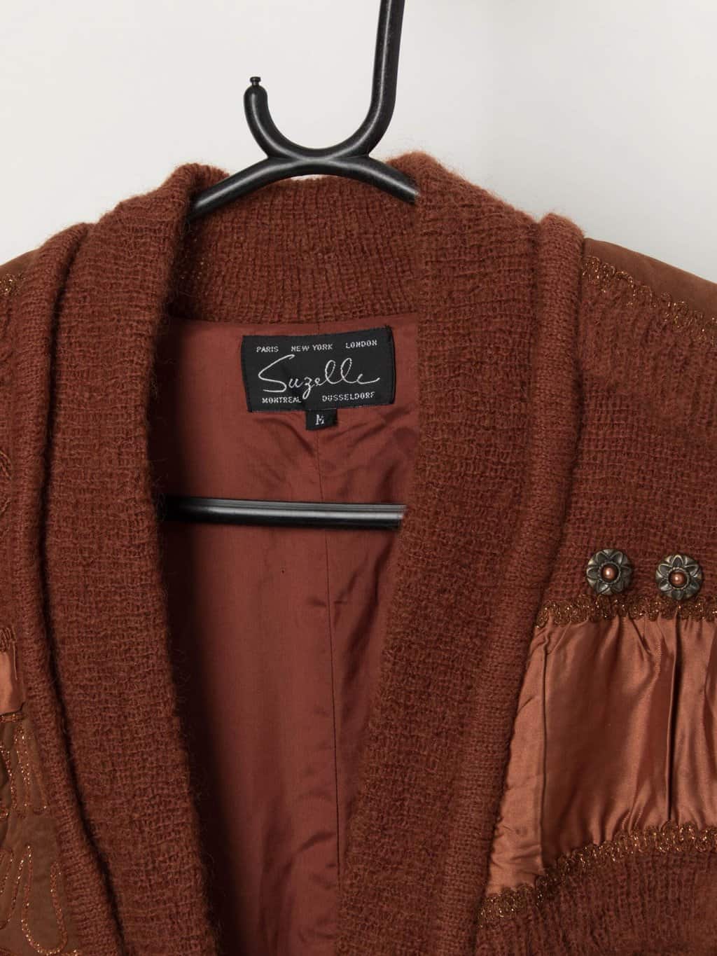 Vintage rust brown cardigan coat with appliqué leaf design and fringed shoulders - XL - Image 2