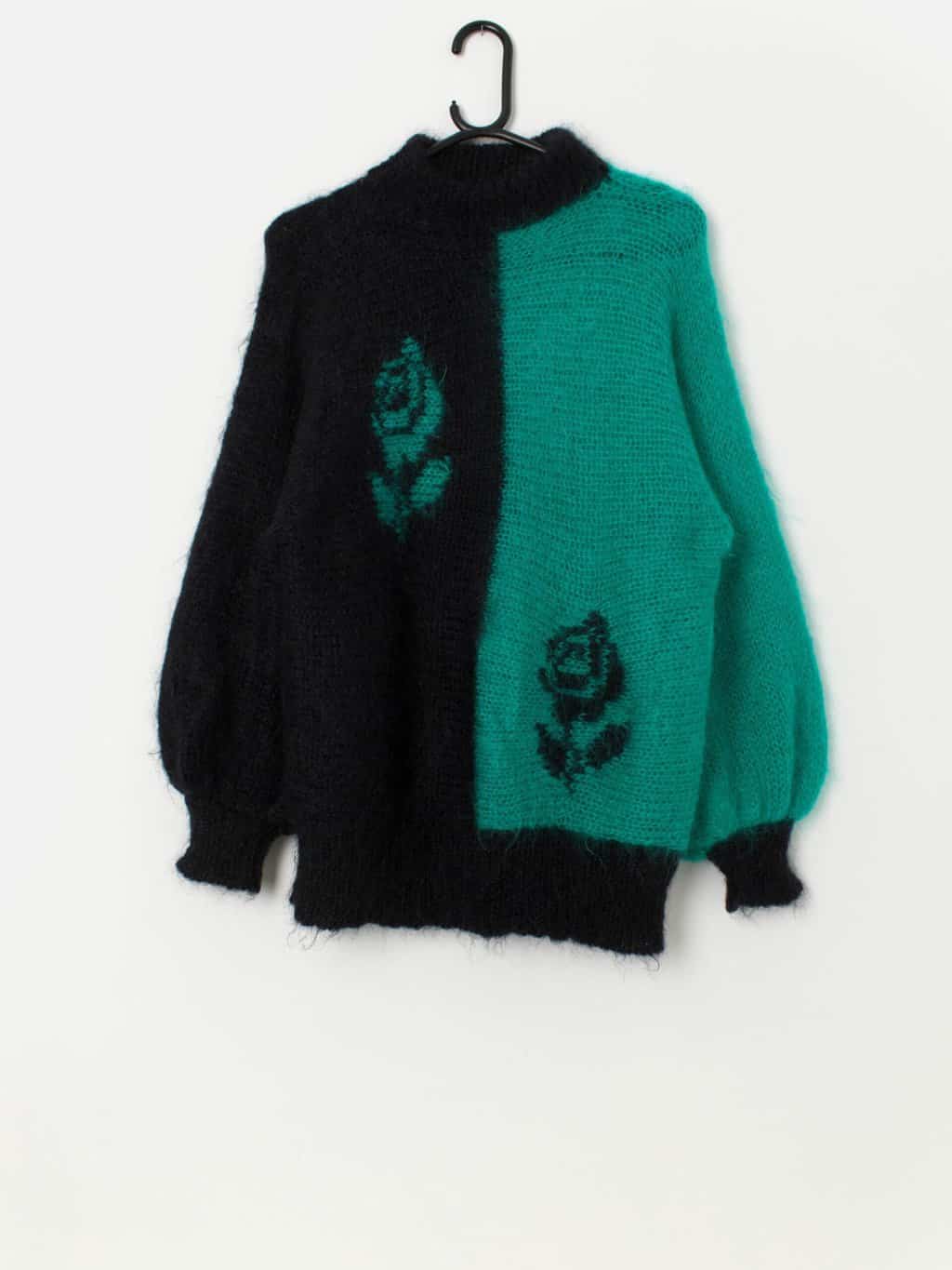 Vintage handmade green and black fluffy mohair jumper, made in Wales - Small / Medium