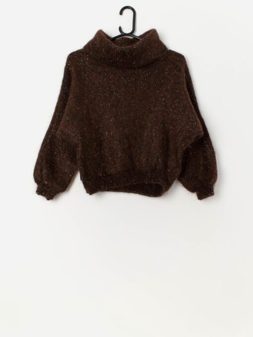 70s vintage fluffy brown sparkly cropped mohair sweater - Small