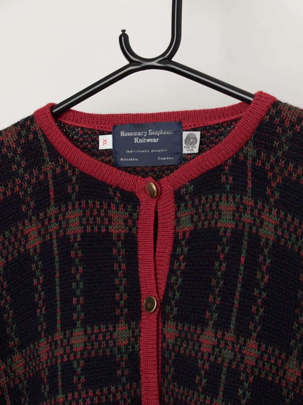 80s vintage wool plaid knitted cardigan in navy and red - Large / XL - Image 2