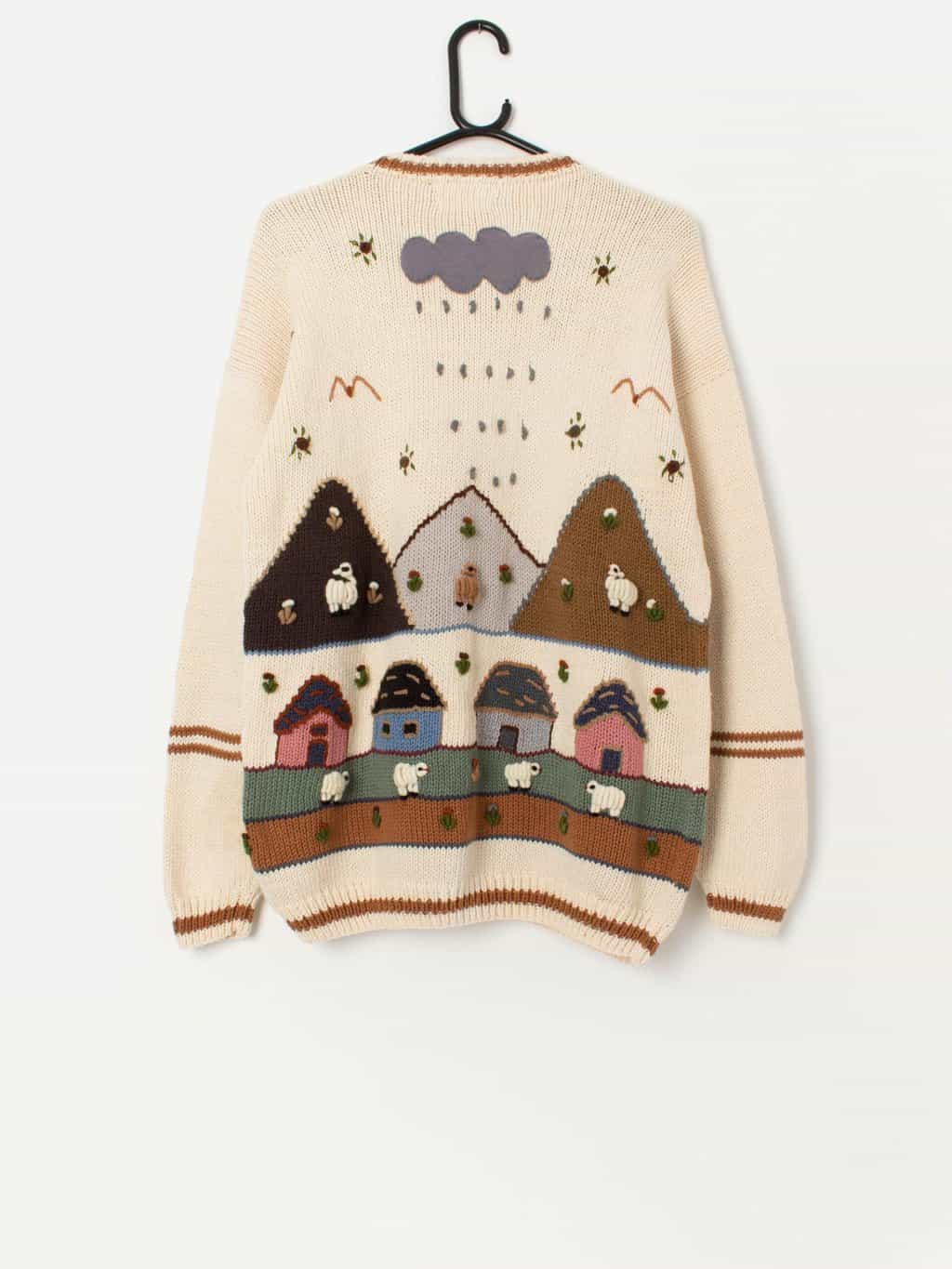 Vintage handknitted 3D sheep cardigan, made in Peru - Large - Image 4