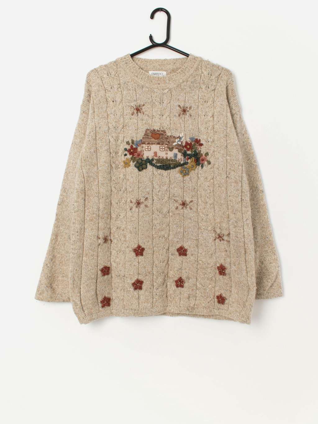 Vintage embroidered cable knit jumper with pretty cottage scene - Small / Medium