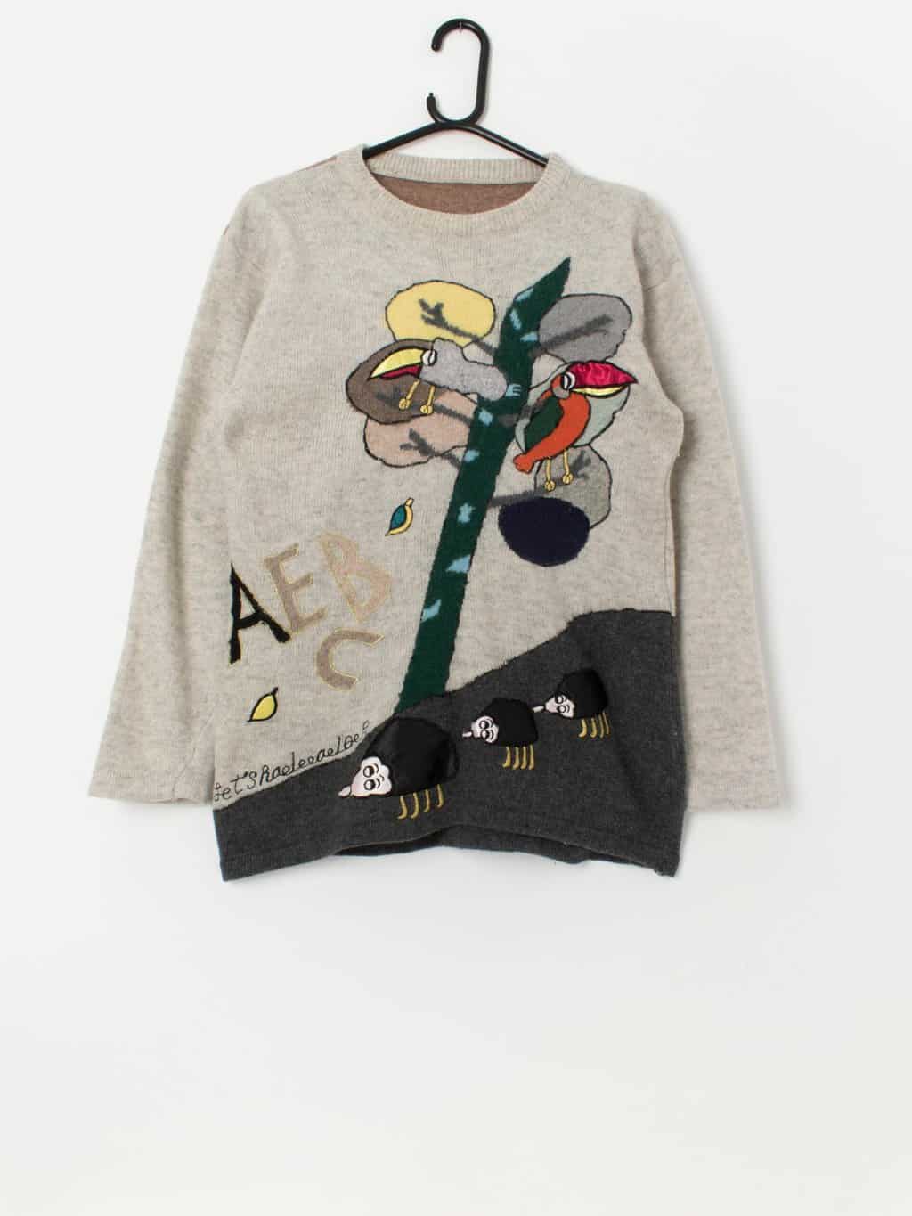 80s vintage grey appliqué jumper with abstract design - Small / Medium