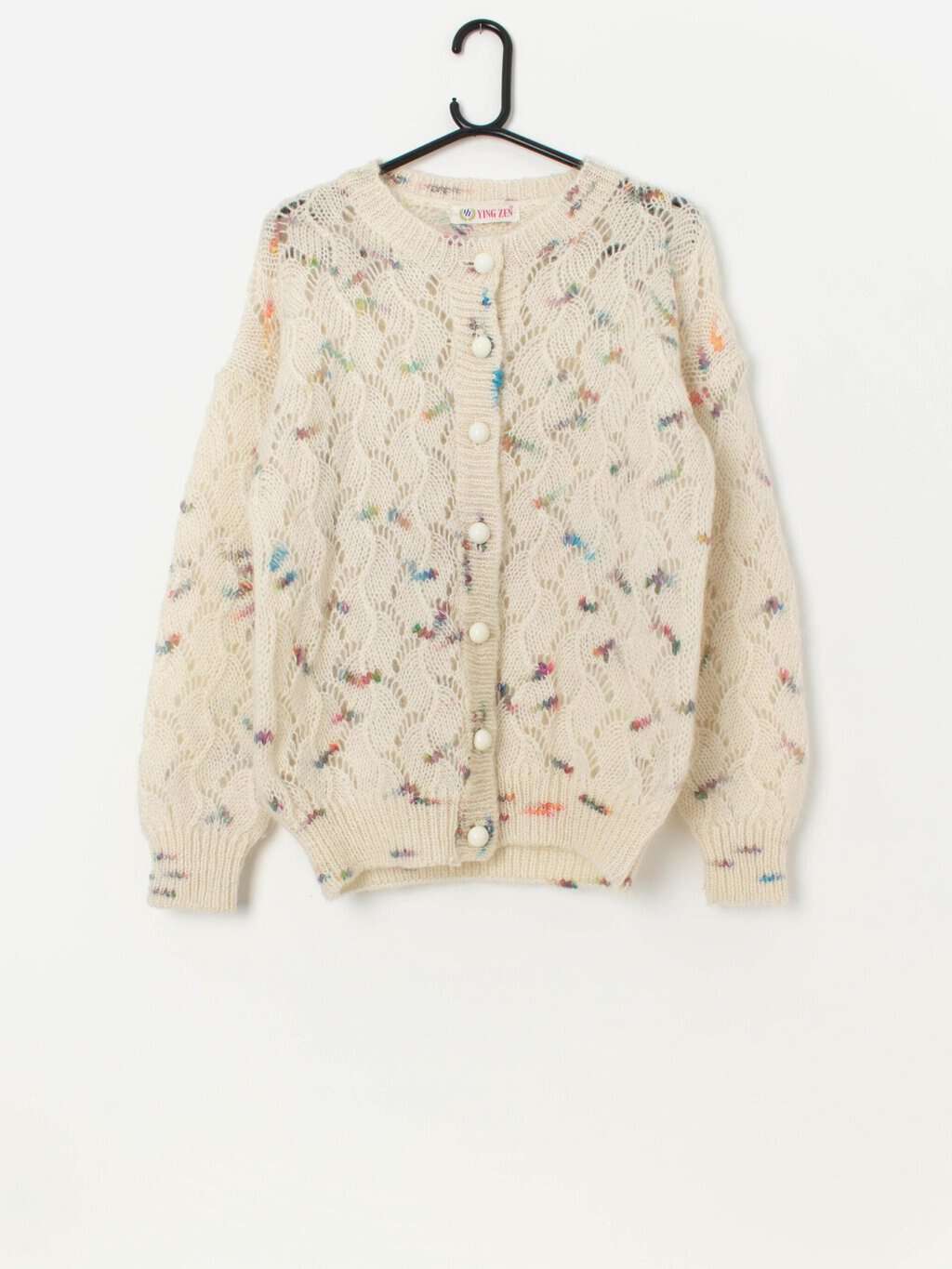 Vintage mohair loose knit white mottled cardigan - Medium