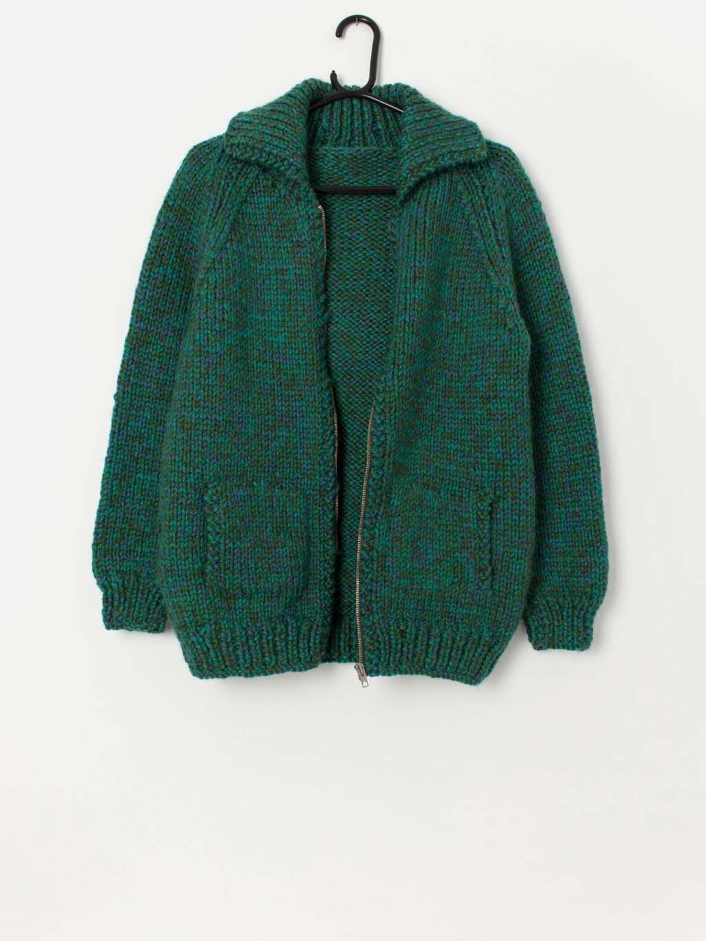 60s vintage handknitted chunky green cardigan with zip - Medium - Image 2