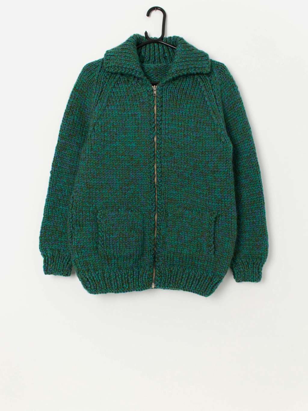 60s vintage handknitted chunky green cardigan with zip - Medium
