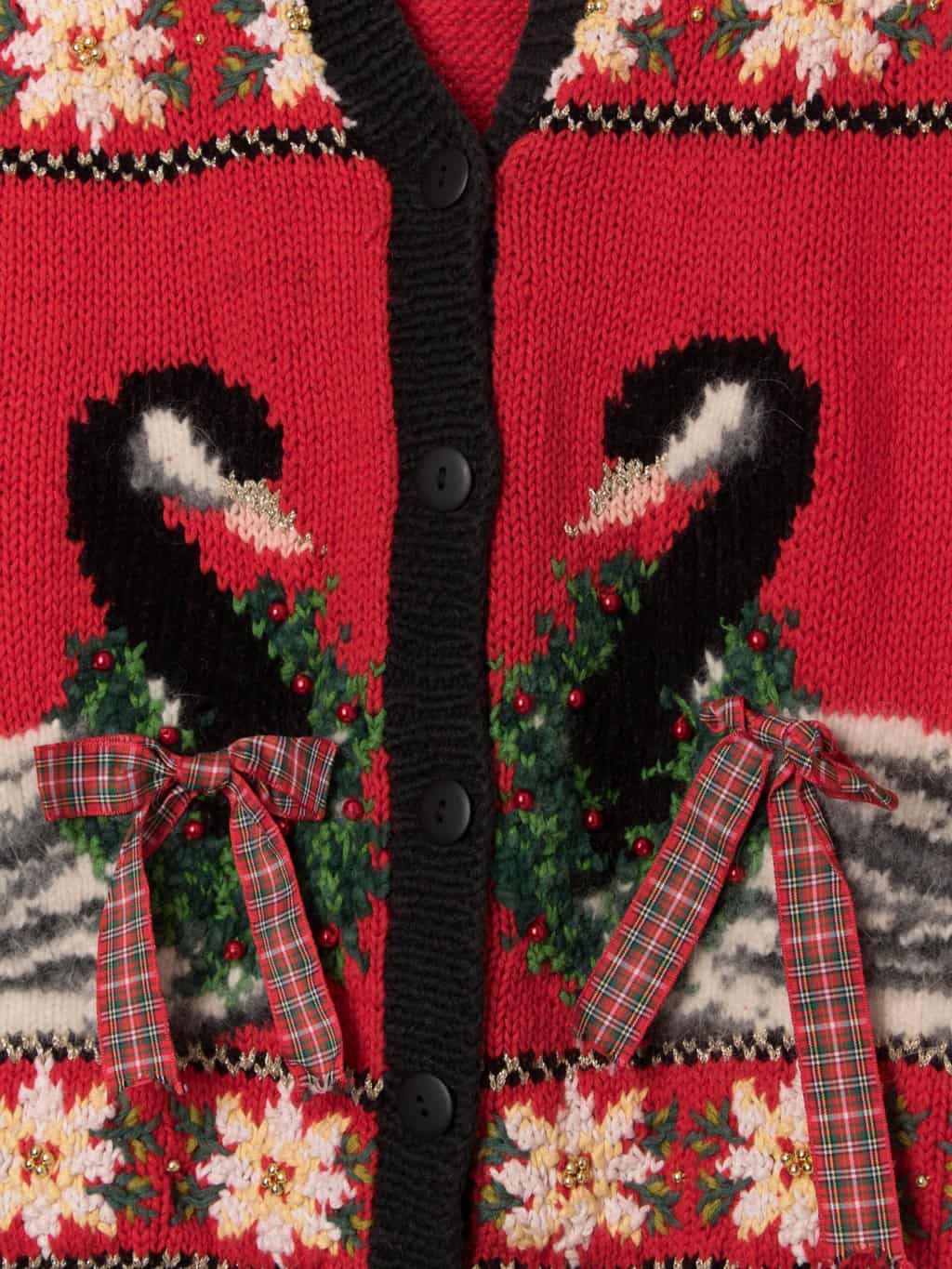 Vintage Christmas red cardigan with geese and tartan bows - Large - Image 3