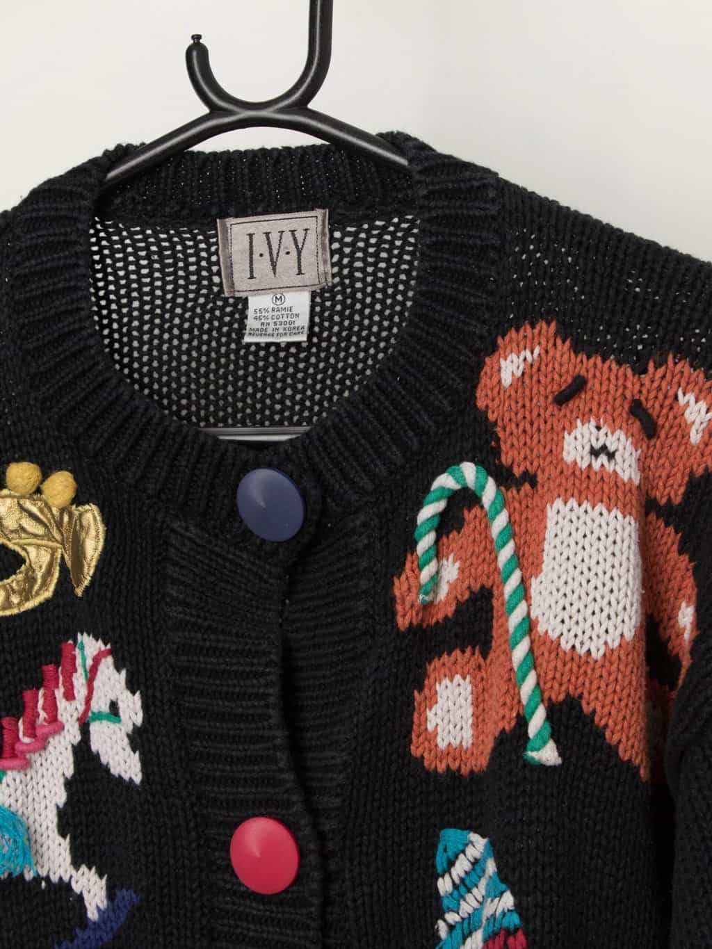 Cute vintage candy cane teddy bear cardigan, Christmas knit - Medium - Image 2