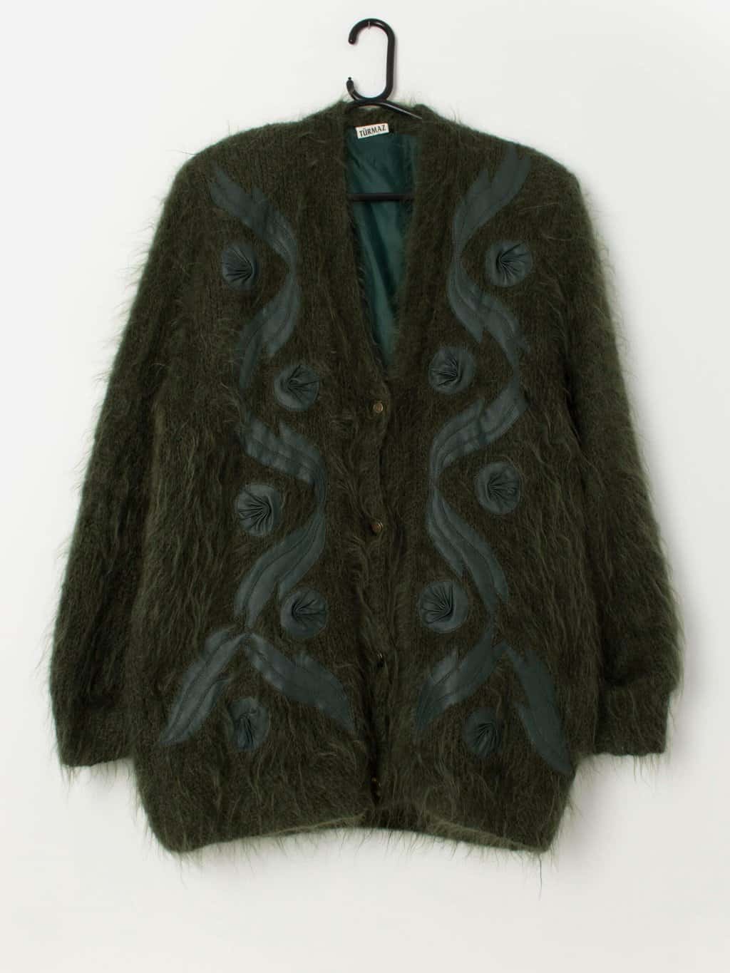 80s vintage fluffy forest green cardigan coat with leather appliqué - Medium / Large