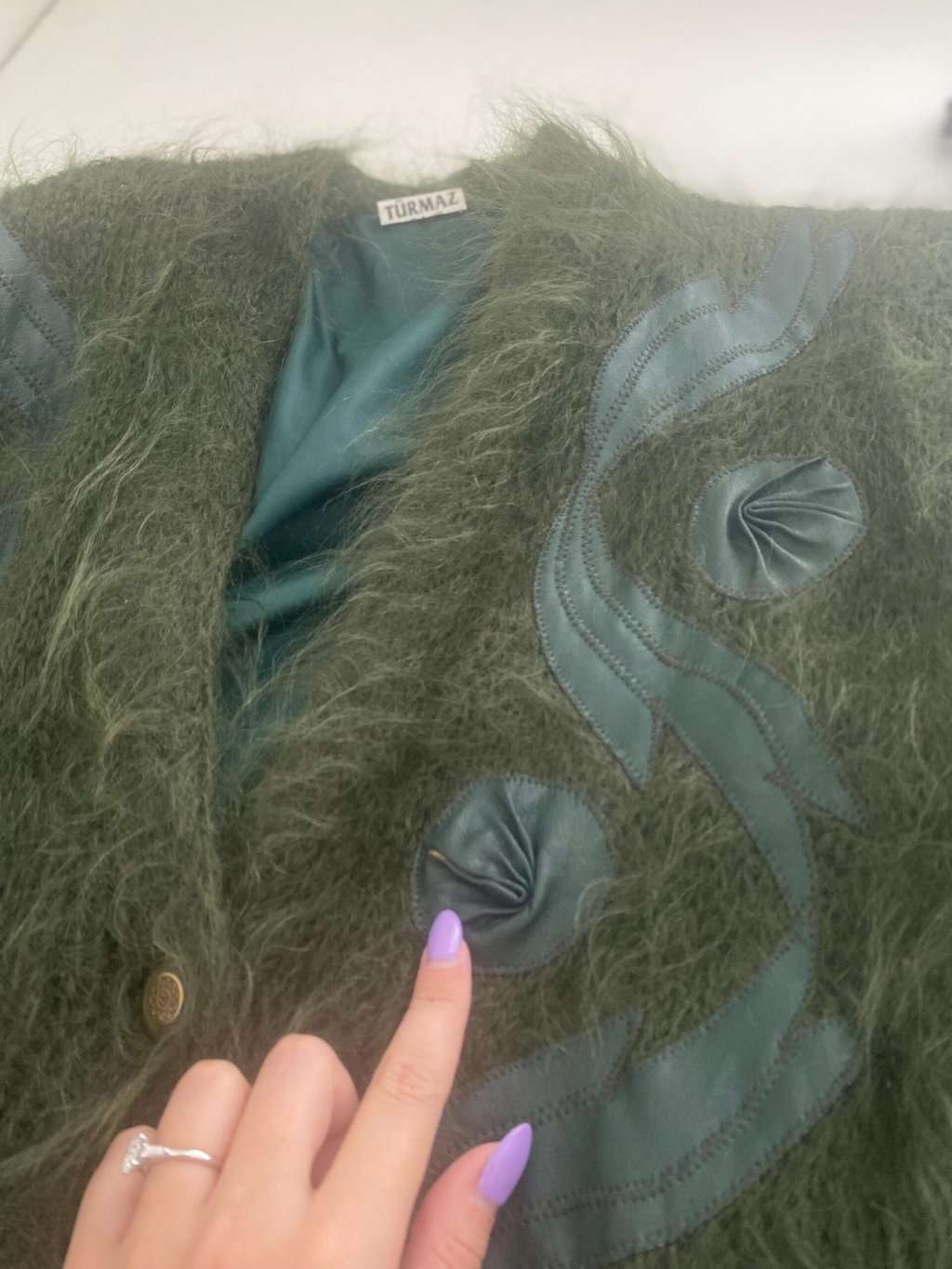 80s vintage fluffy forest green cardigan coat with leather appliqué - Medium / Large - Image 4