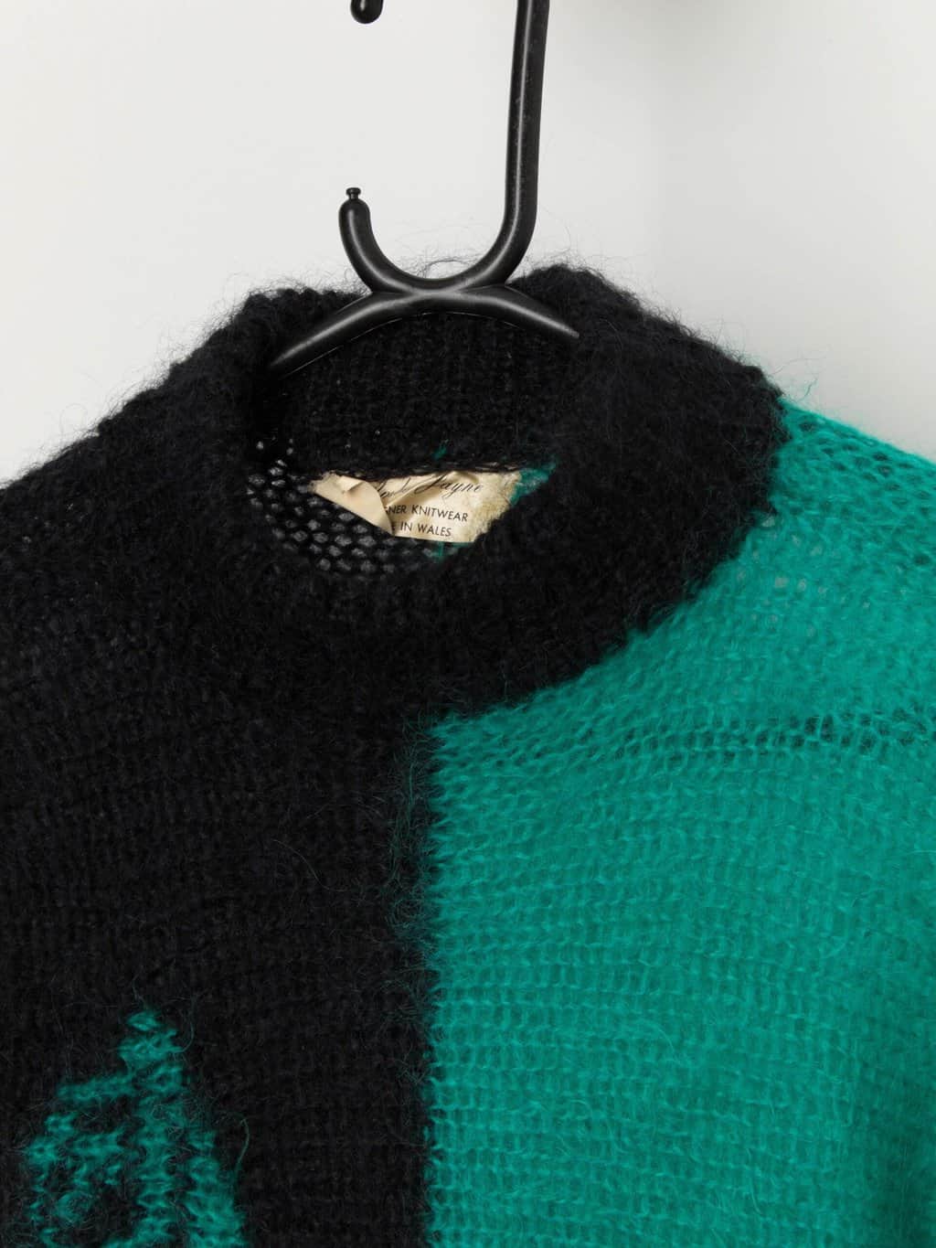 Vintage handmade green and black fluffy mohair jumper, made in Wales - Small / Medium - Image 2
