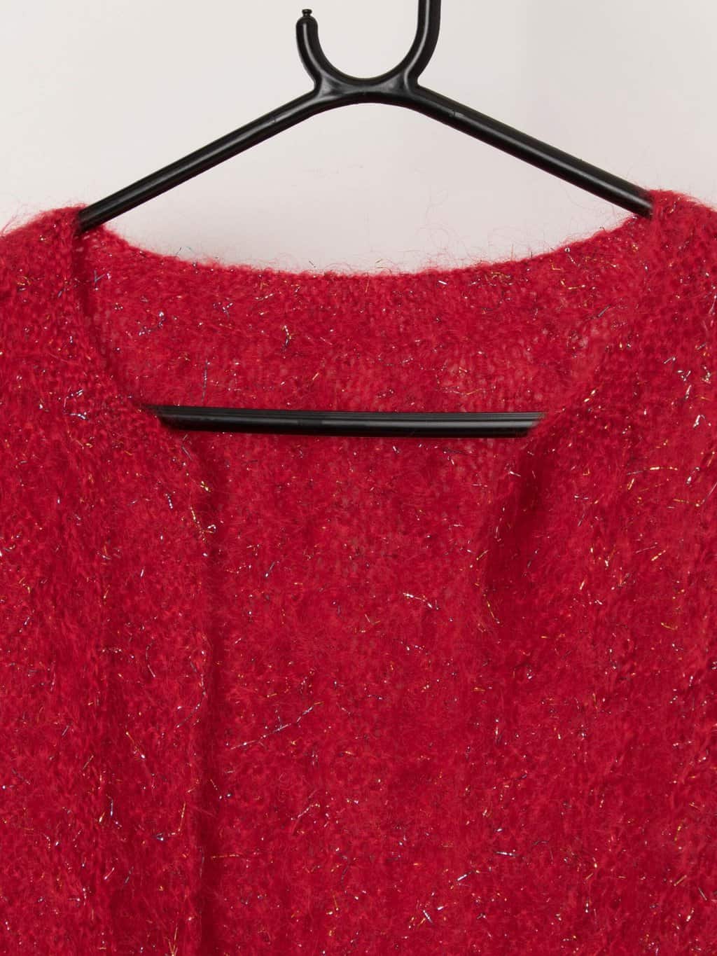 80s vintage handknitted fluffy cardigan, sparkly red mohair Christmas vibes - Medium - Image 2
