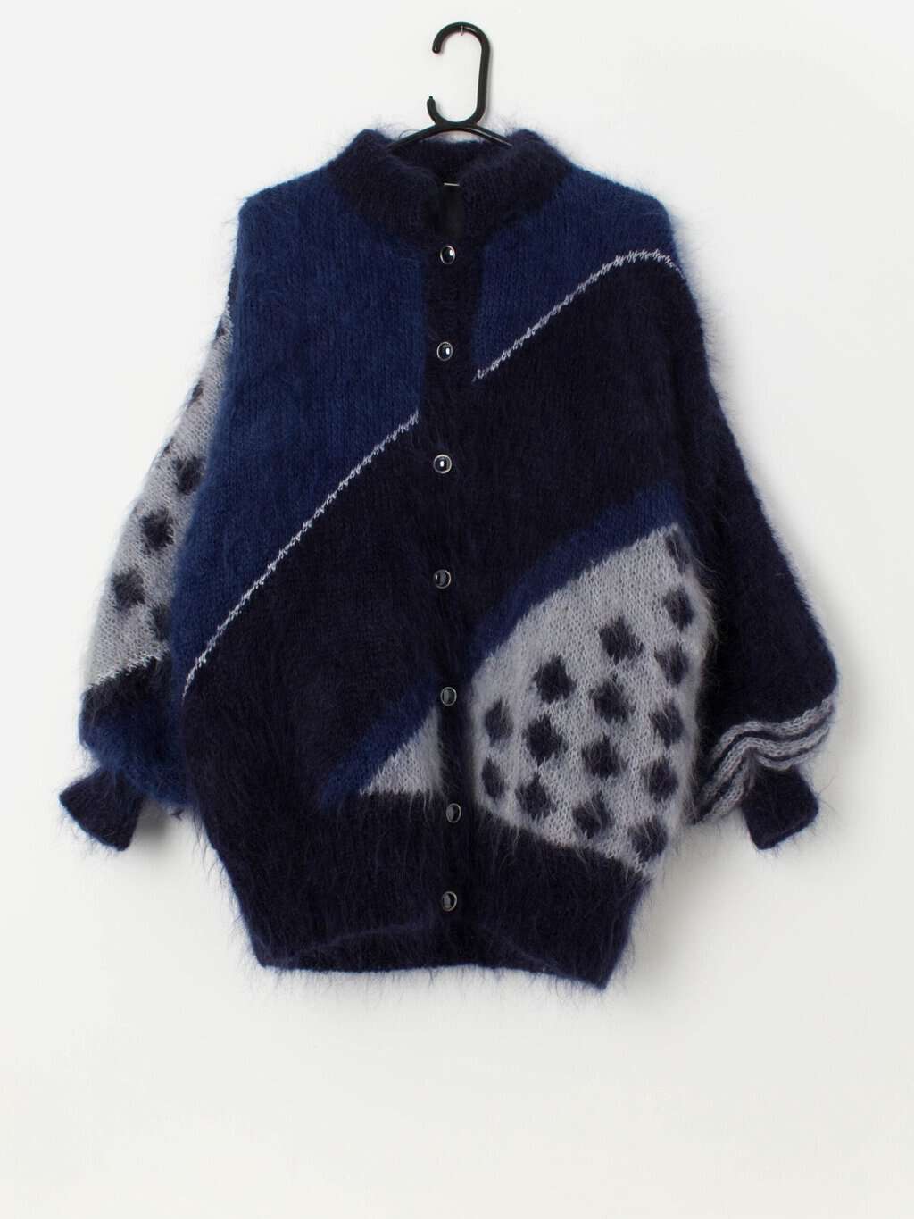 80s vintage fluffy blue mohair cardigan, made in England - Large