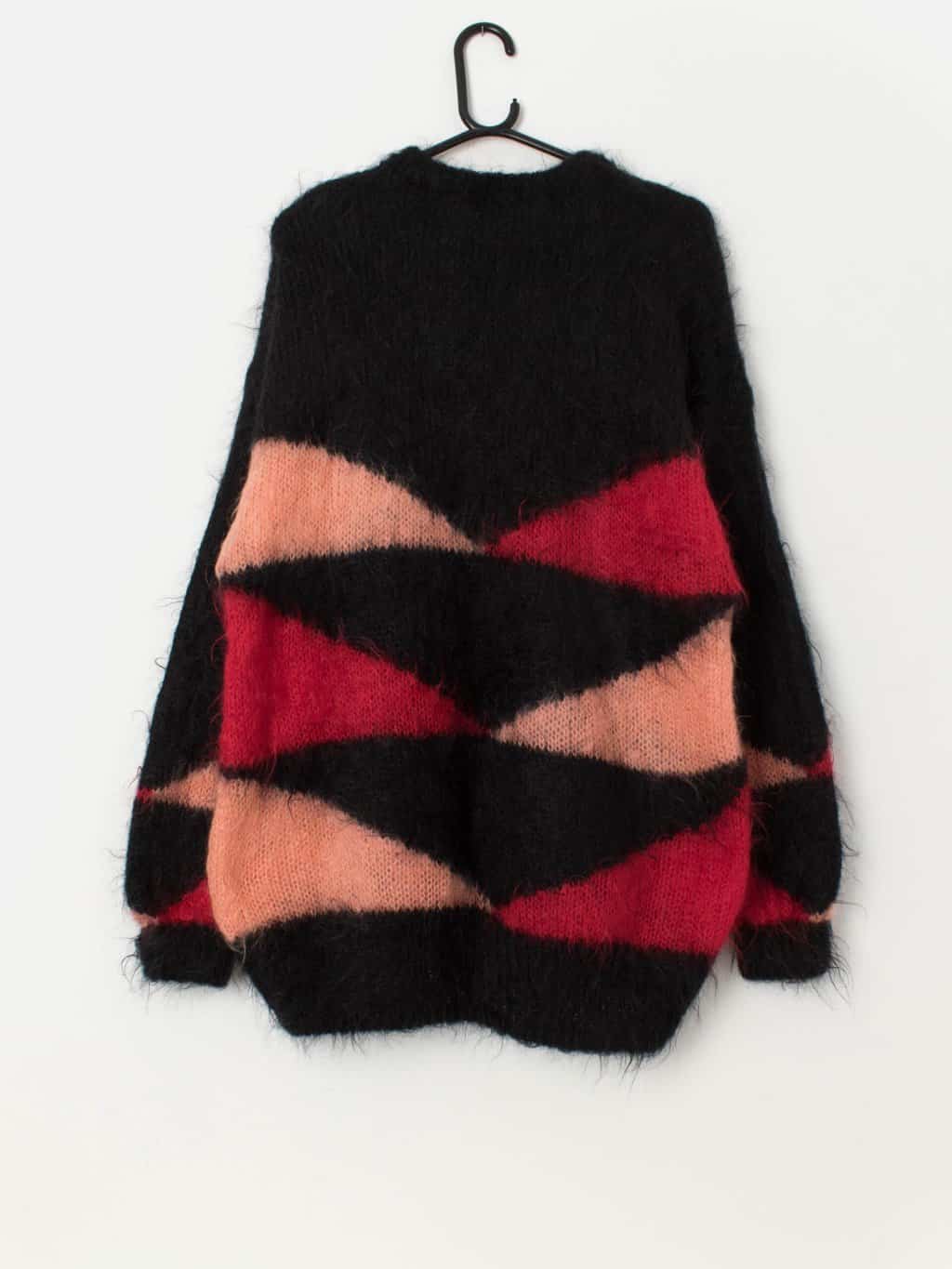 80s vintage handknitted oversized fluffy jumper in black and red - Medium / Large - Image 3