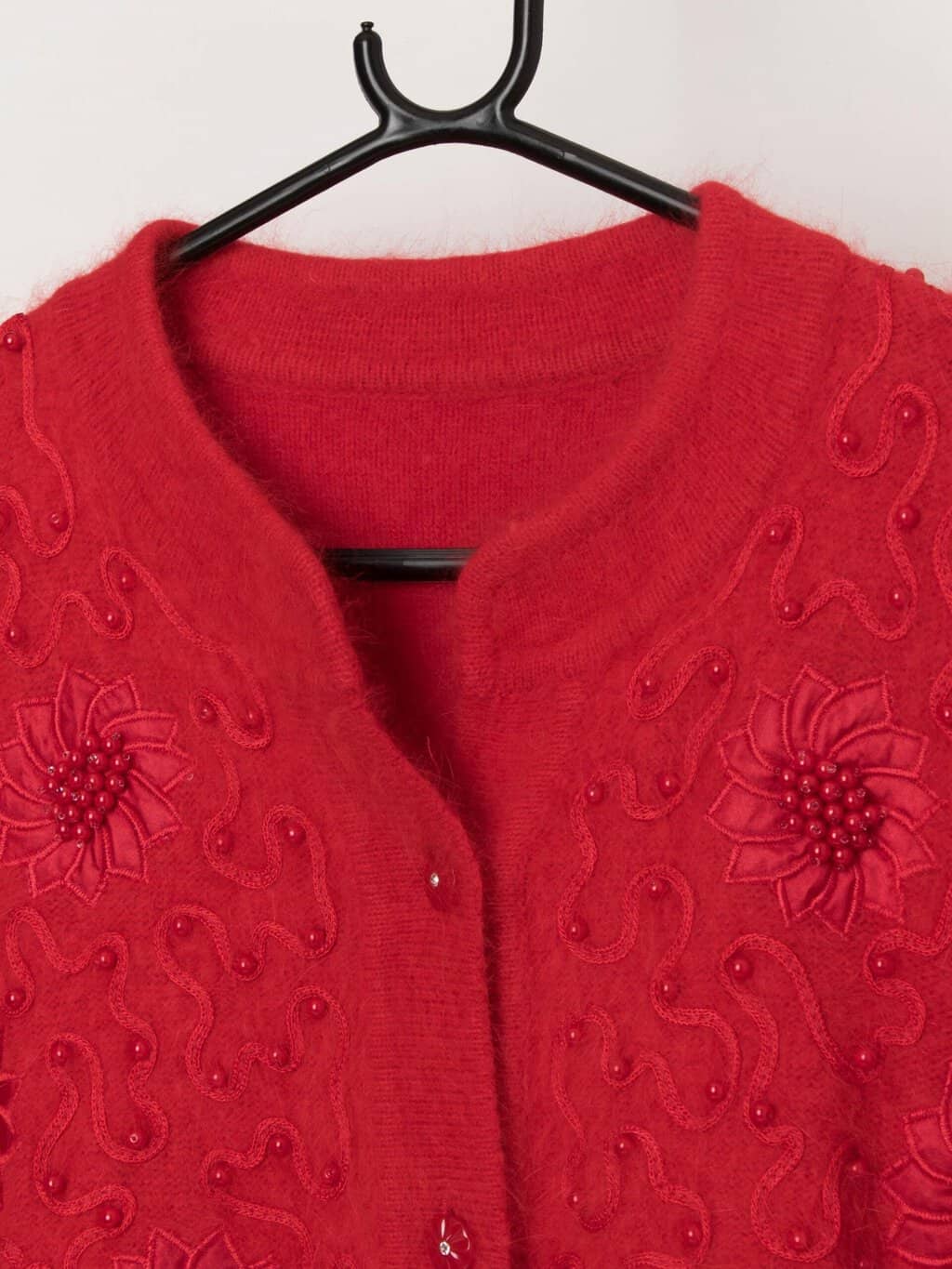80s vintage bright red fluffy Christmas cardigan - Medium - Image 2