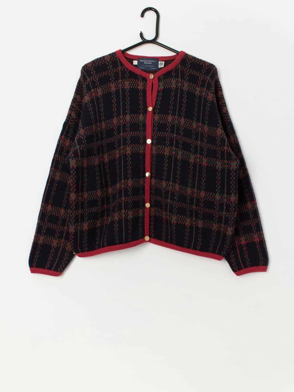 80s vintage wool plaid knitted cardigan in navy and red - Large / XL