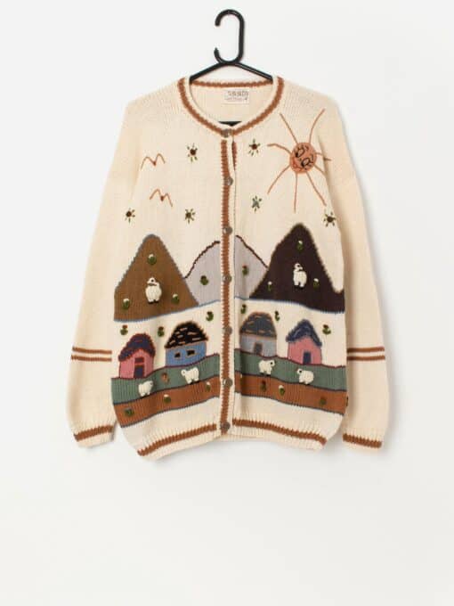 Vintage handknitted 3D sheep cardigan, made in Peru - Large