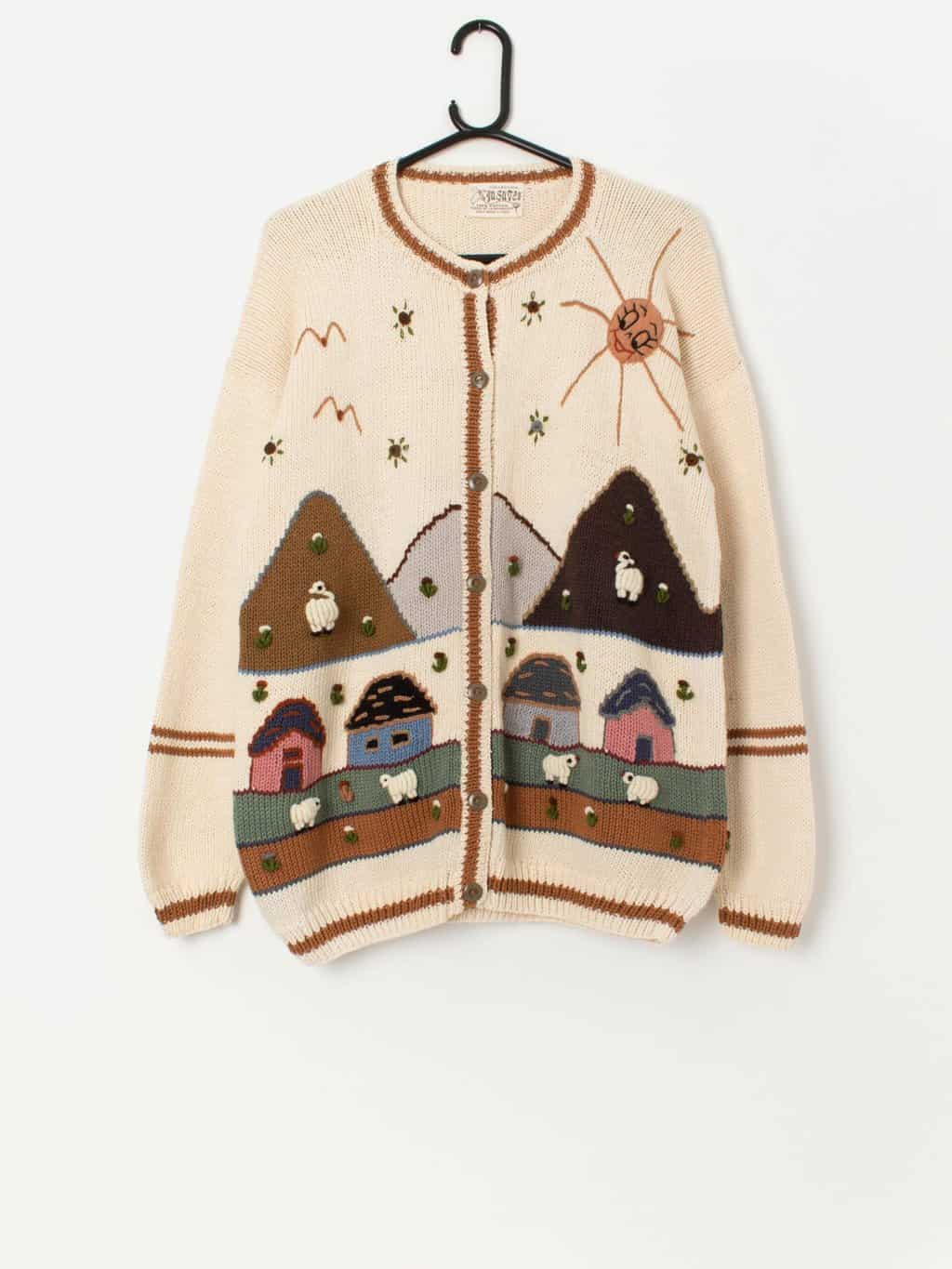 Vintage handknitted 3D sheep cardigan, made in Peru - Large