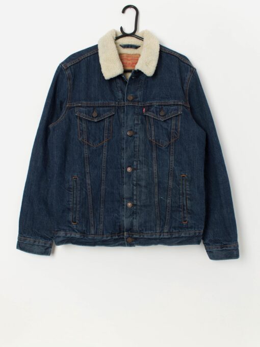 Men's Levis blue sherpa denim trucker jacket with off white collar - Medium / Large