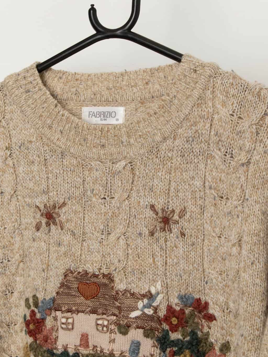 Vintage embroidered cable knit jumper with pretty cottage scene - Small / Medium - Image 2