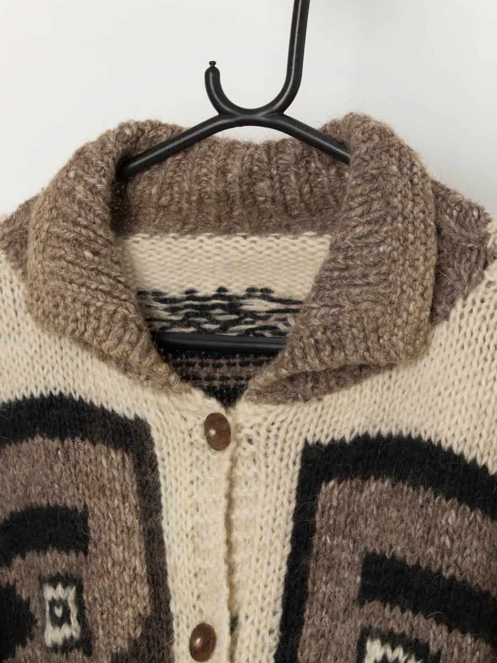 Vintage wool cardigan coat in cream and brown - Large - Image 2