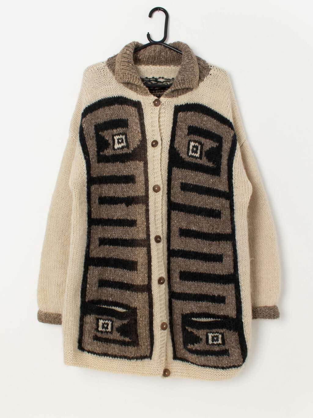 Vintage wool cardigan coat in cream and brown - Large