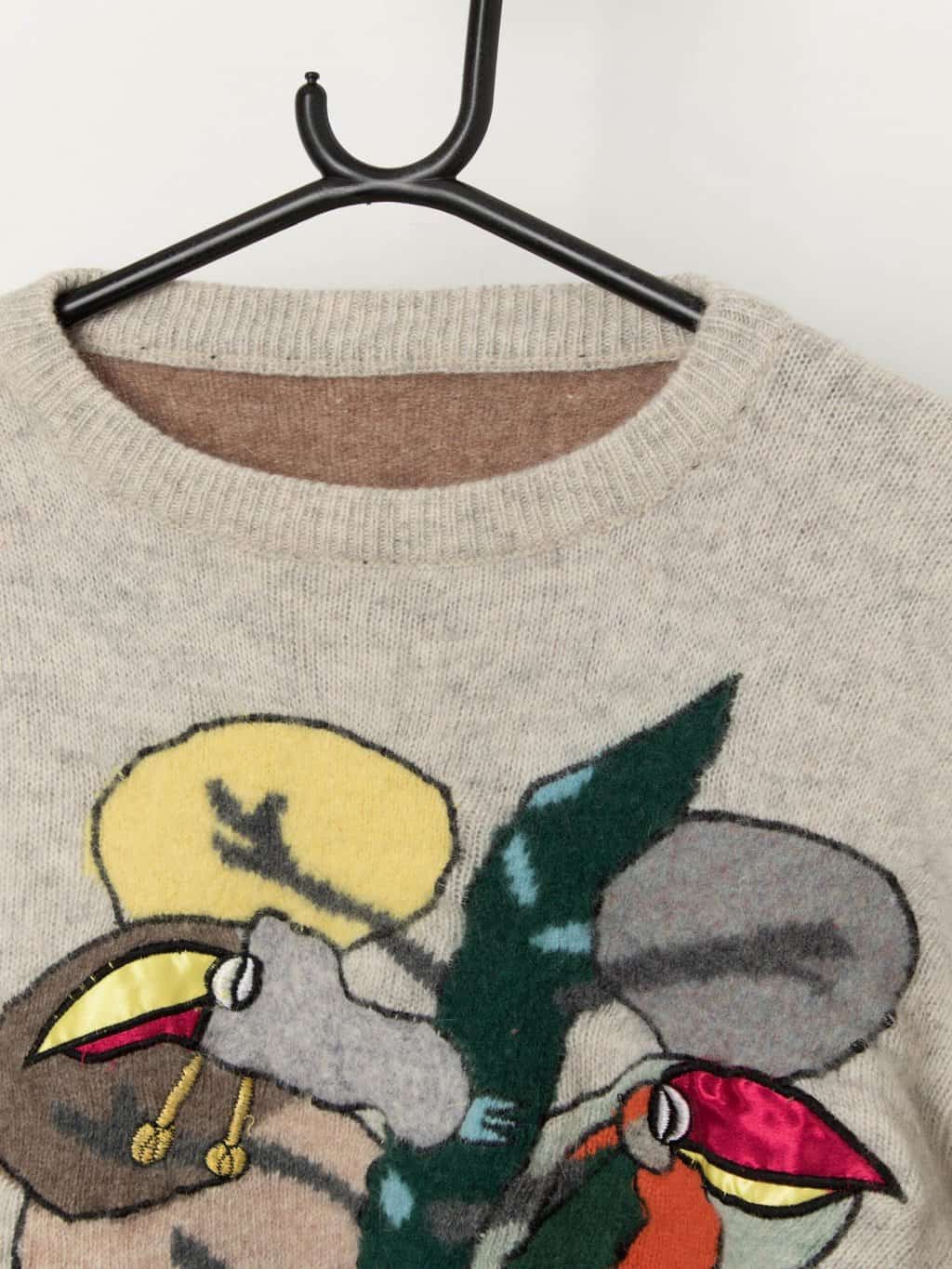 80s vintage grey appliqué jumper with abstract design - Small / Medium - Image 2