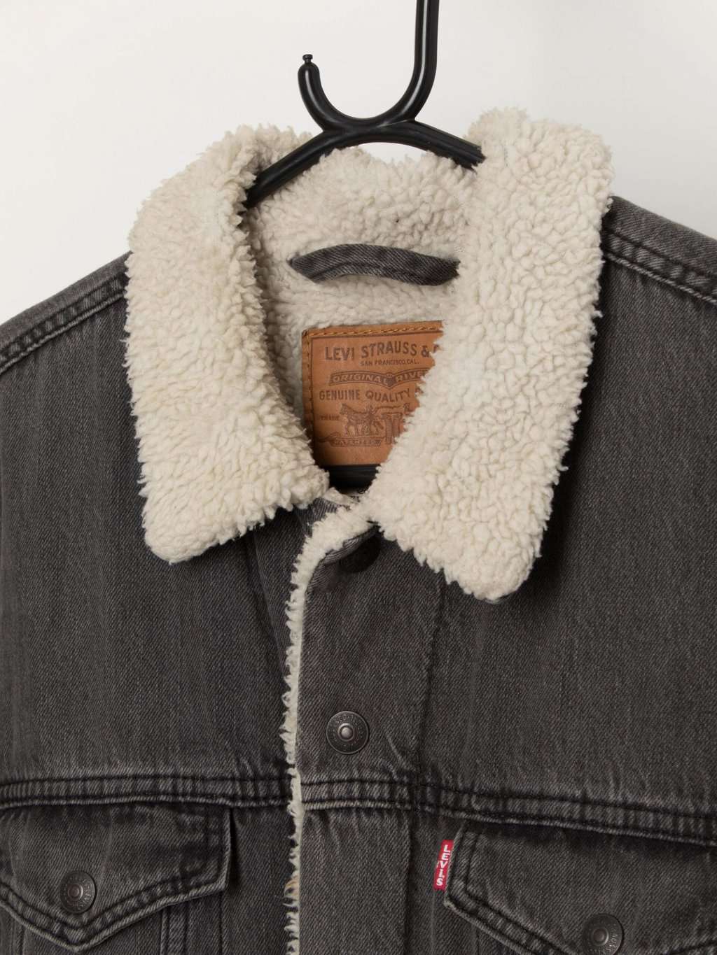 Men's Levis premium denim sherpa trucker jacket in grey, white collar - Medium - Image 2