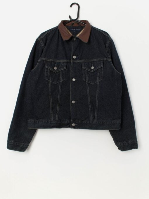 Men's vintage Tommy Hilfiger padded denim jacket with leather collar - Medium