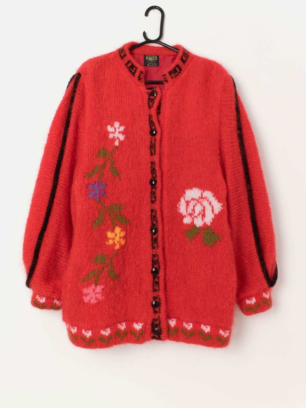 80s vintage knitted mohair cardigan coat, bright red - Medium / Large