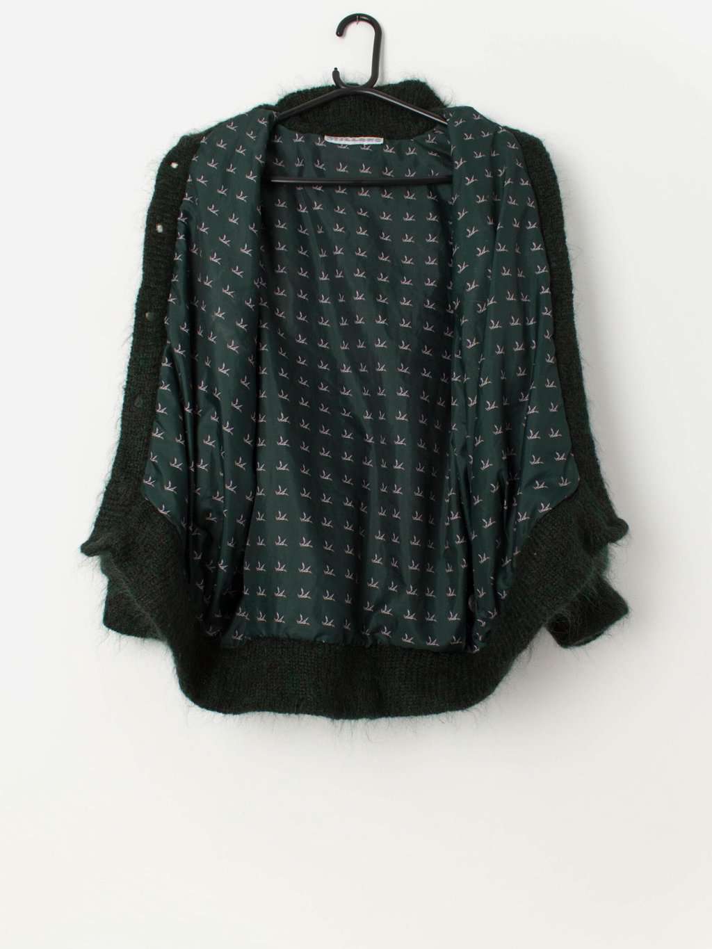 80s vintage handknitted forest green and red fluffy mohair cardigan - XL - Image 3