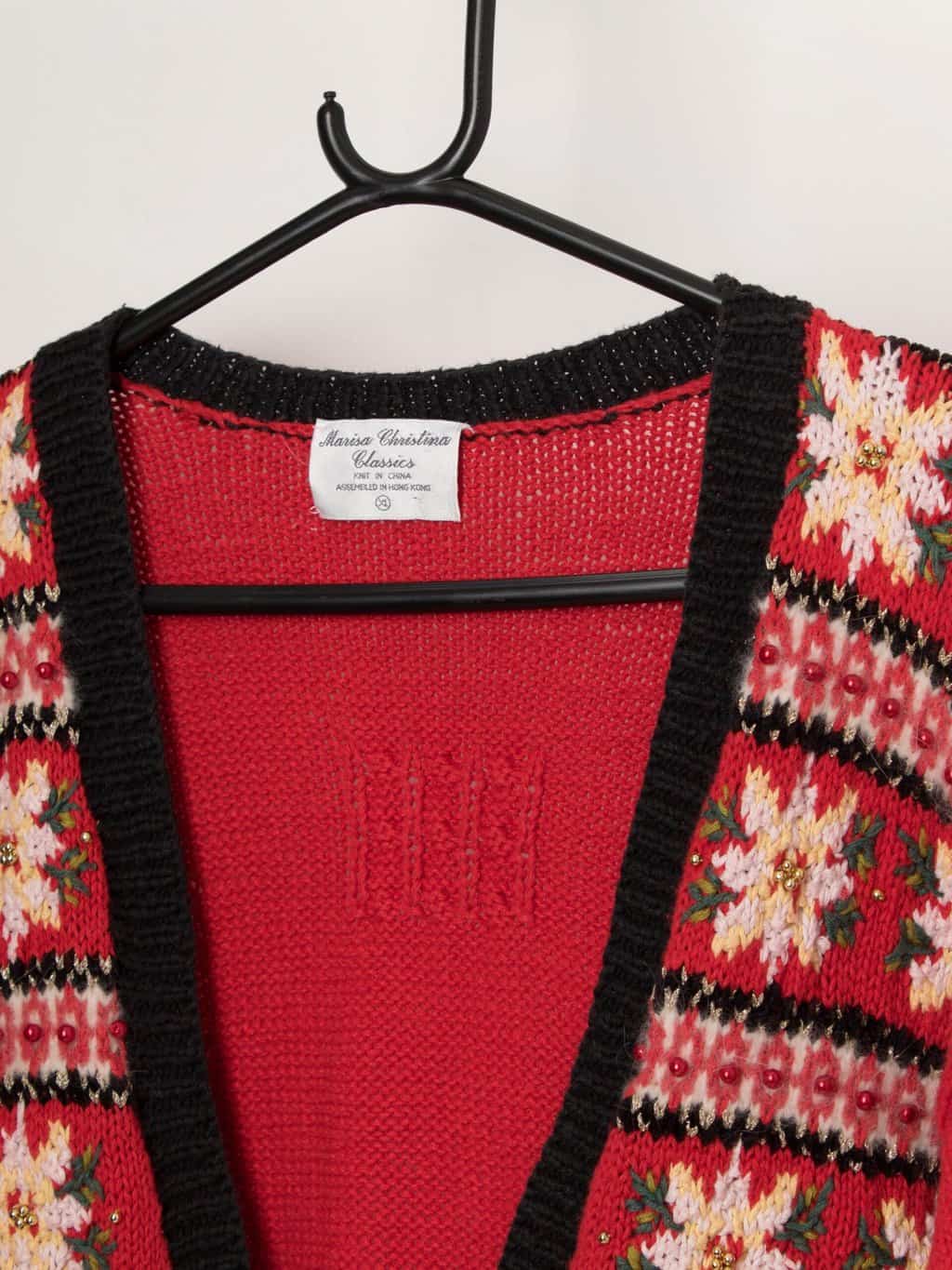 Vintage Christmas red cardigan with geese and tartan bows - Large - Image 2