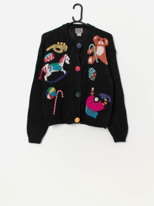 Cute vintage candy cane teddy bear cardigan, Christmas knit - Medium