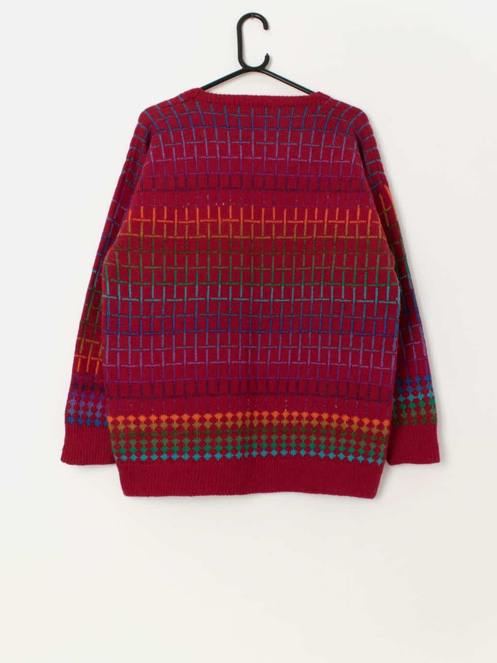 80s vintage wool geometric grid patterned jumper, red - Medium / Large - Image 3