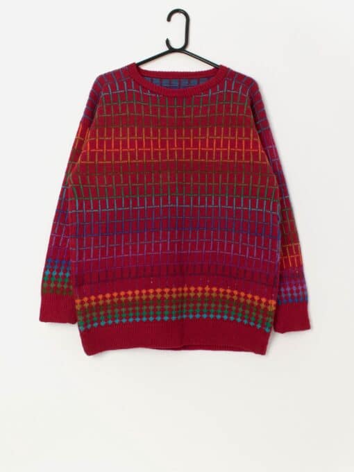 80s vintage wool geometric grid patterned jumper, red - Medium / Large