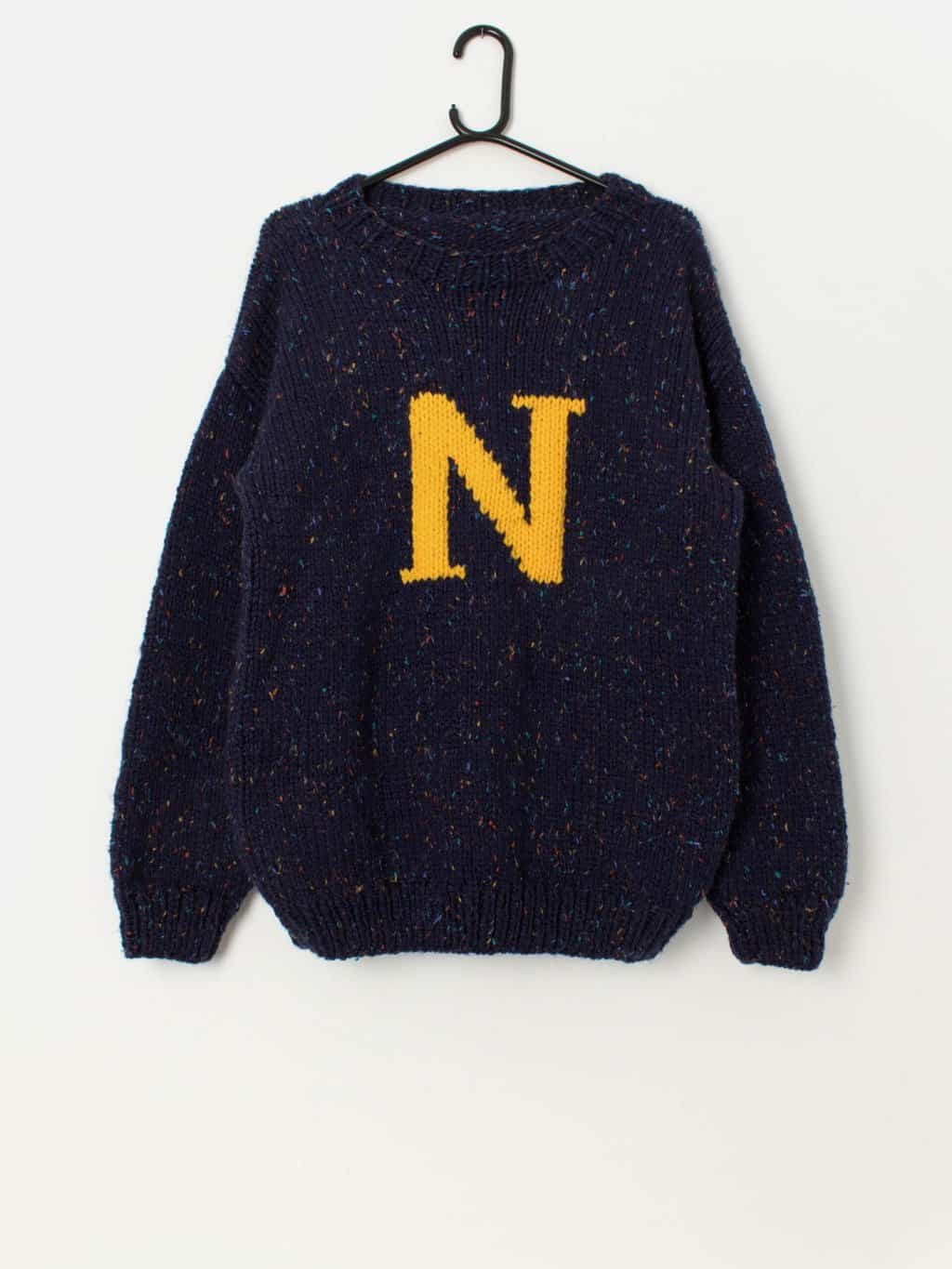 Men's vintage handknitted letter 'N' sweater, chunky knit - Medium / Large