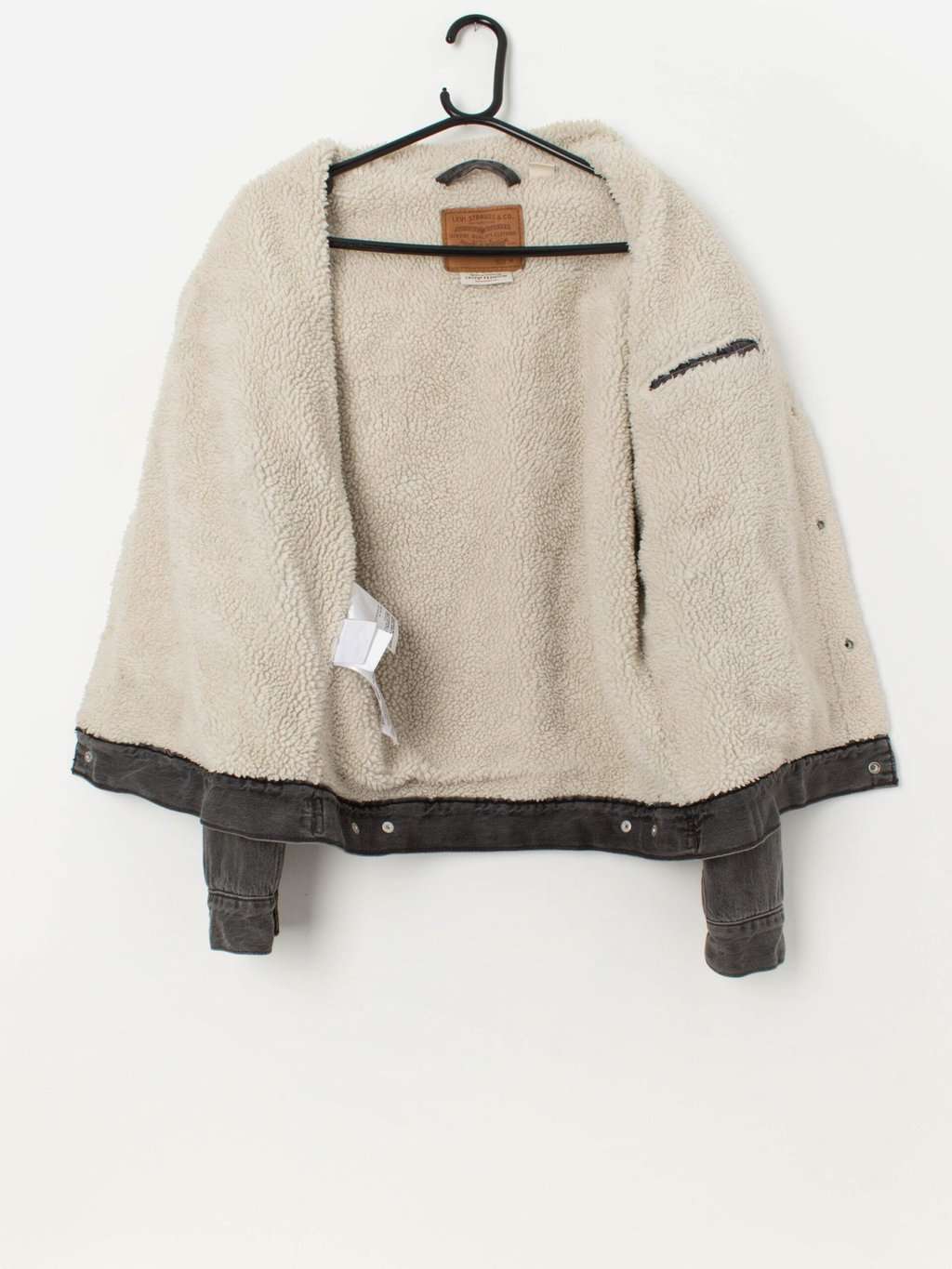 Men's Levis premium denim sherpa trucker jacket in grey, white collar - Medium - Image 3