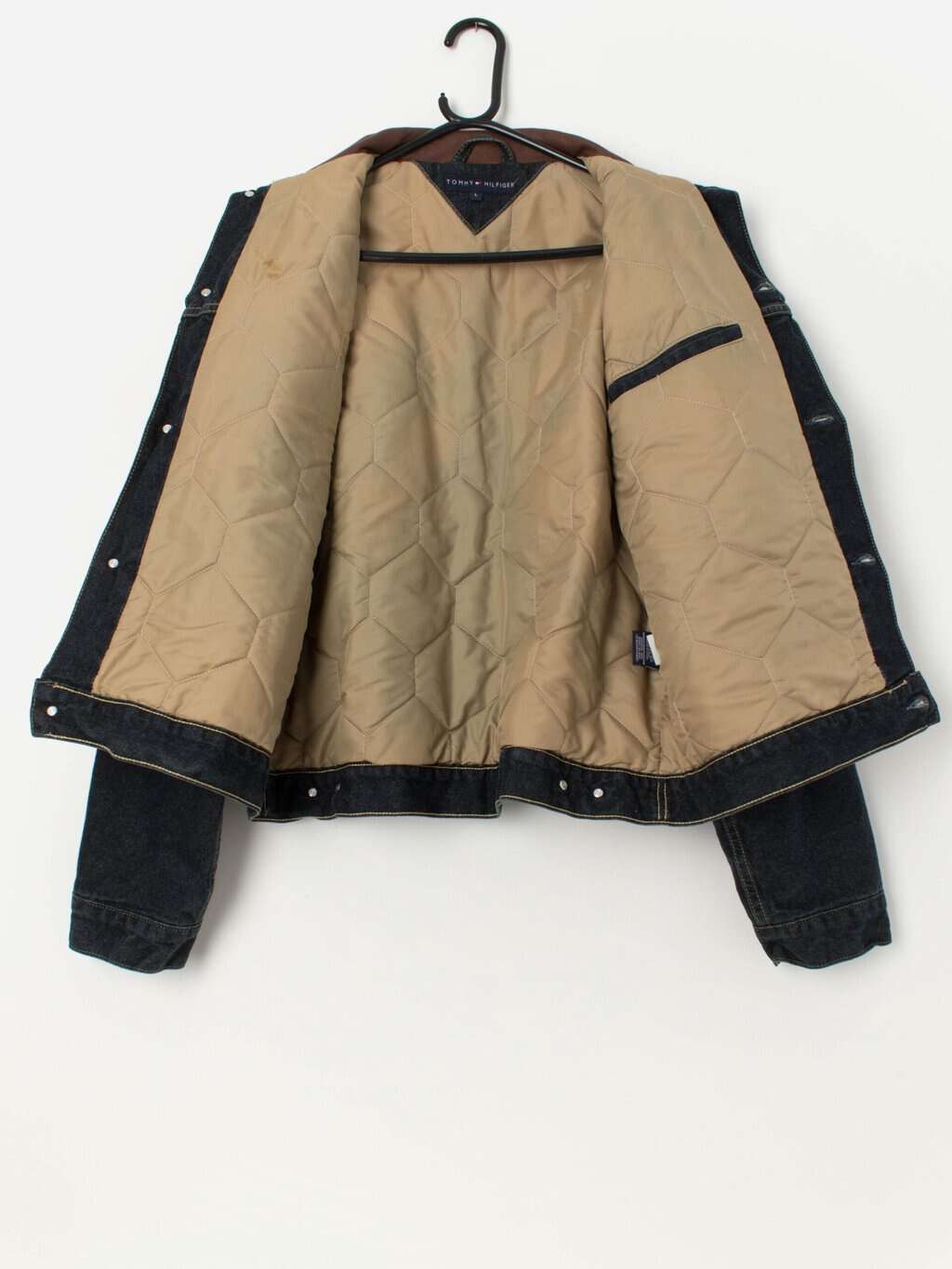 Men's vintage Tommy Hilfiger padded denim jacket with leather collar - Medium - Image 3