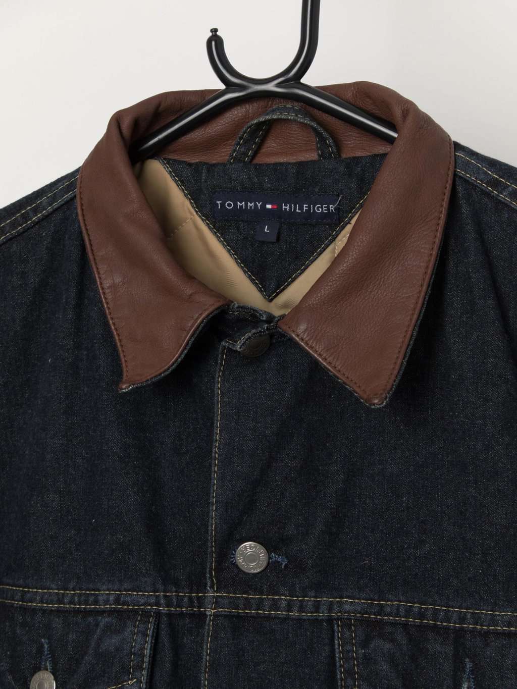Men's vintage Tommy Hilfiger padded denim jacket with leather collar - Medium - Image 2