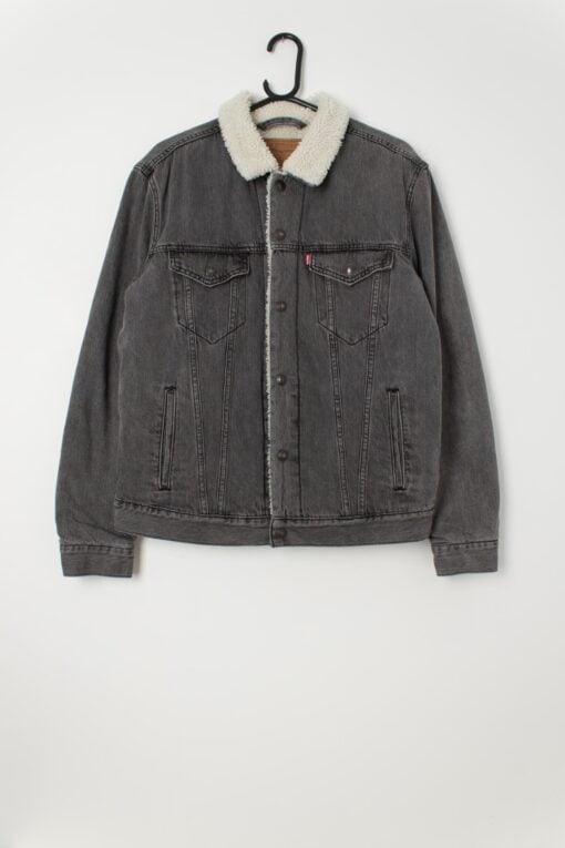 Men's Levis premium denim sherpa trucker jacket in grey, white collar - Medium