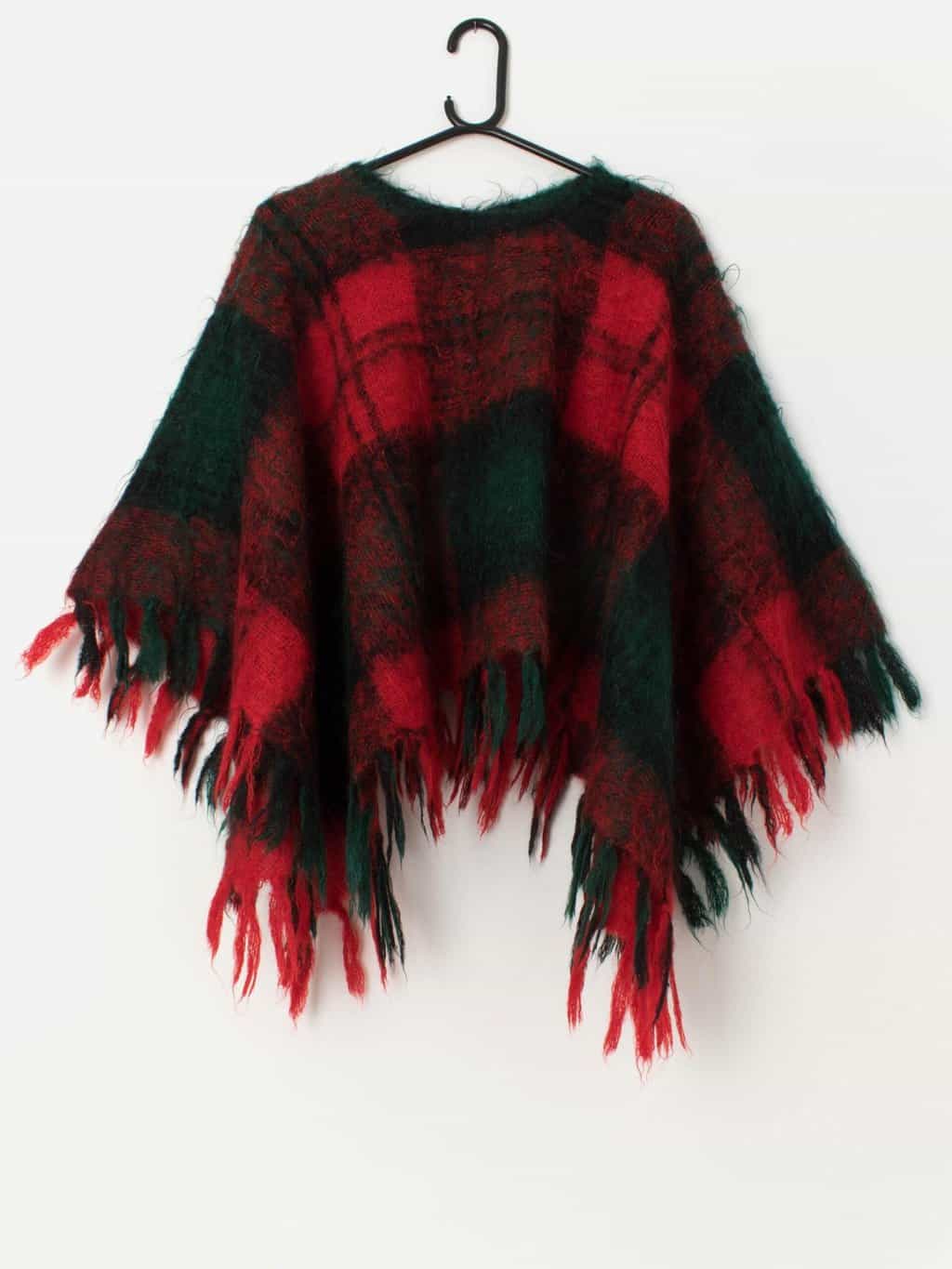 Vintage handknitted red and green mohair poncho cape with fringe detail - Free size