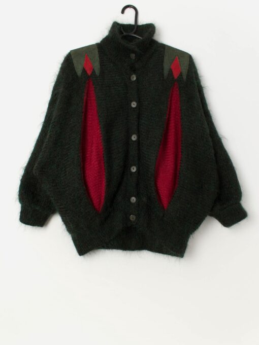 80s vintage handknitted forest green and red fluffy mohair cardigan - XL