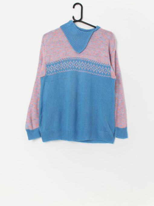 Vintage handknitted pastel pick and blue fine knit jumper - Small