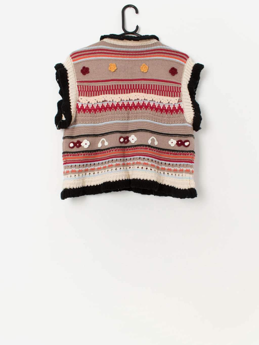 Colourful knitted sweater vest with stripes and florals - Medium - Image 3