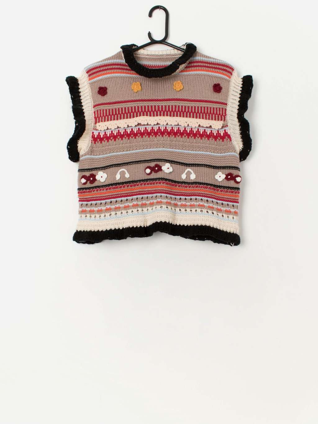 Colourful knitted sweater vest with stripes and florals - Medium