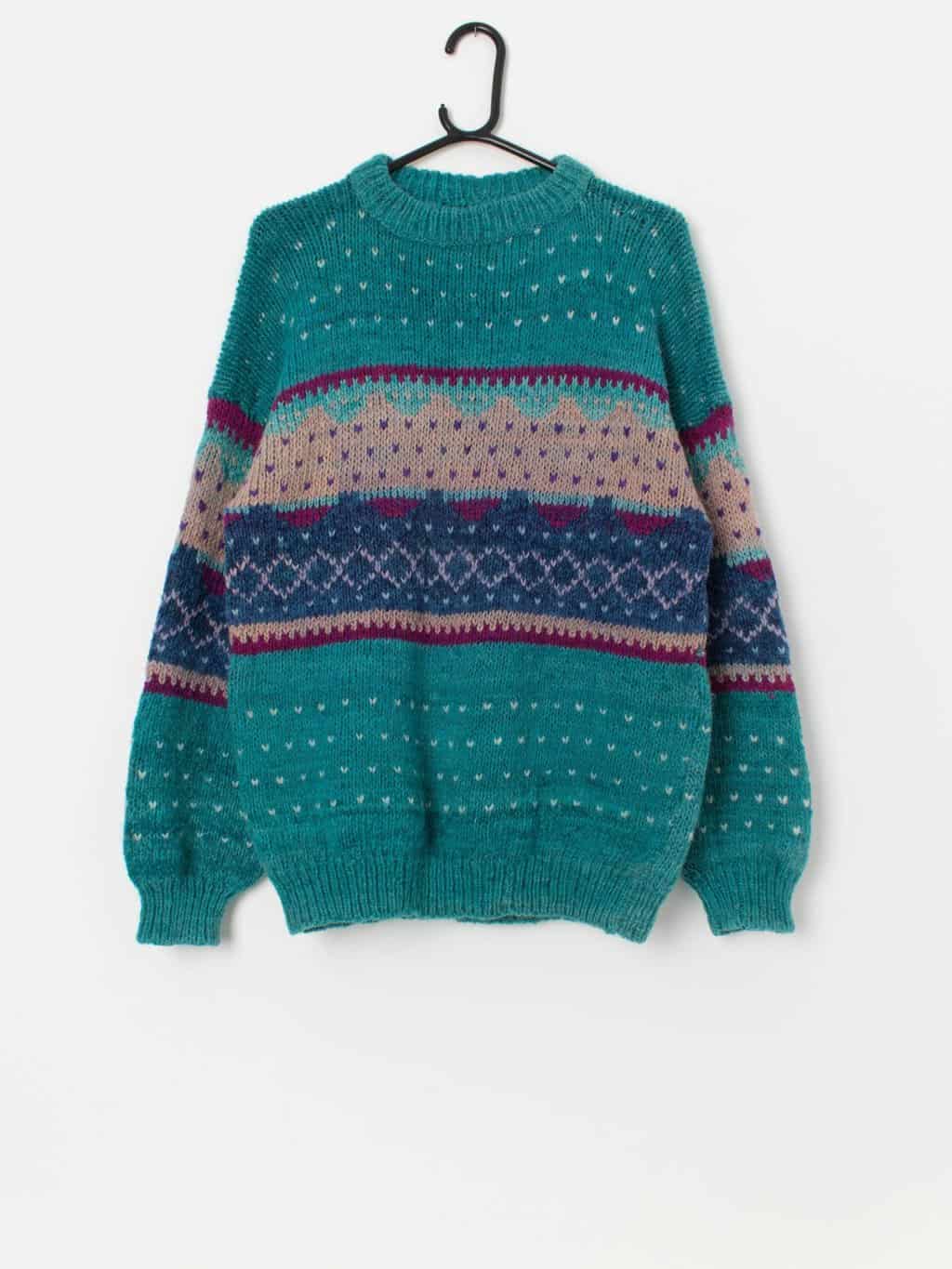 Vintage handknitted wool chunky knit jumper in teal - Medium / Large