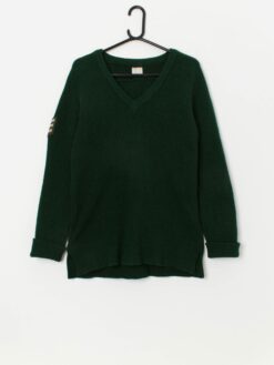 Vintage Brenire forest green wool V-neck sweater with elbow patches - Small / Medium