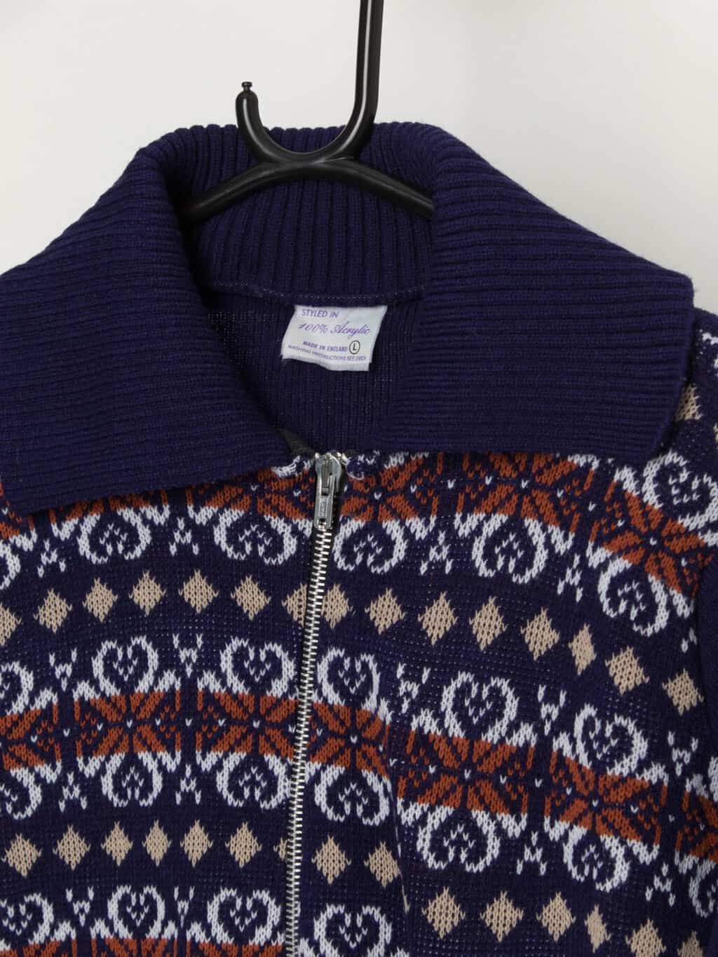 70s vintage zip up sweater in blue with collar, made in England - Medium - Image 2