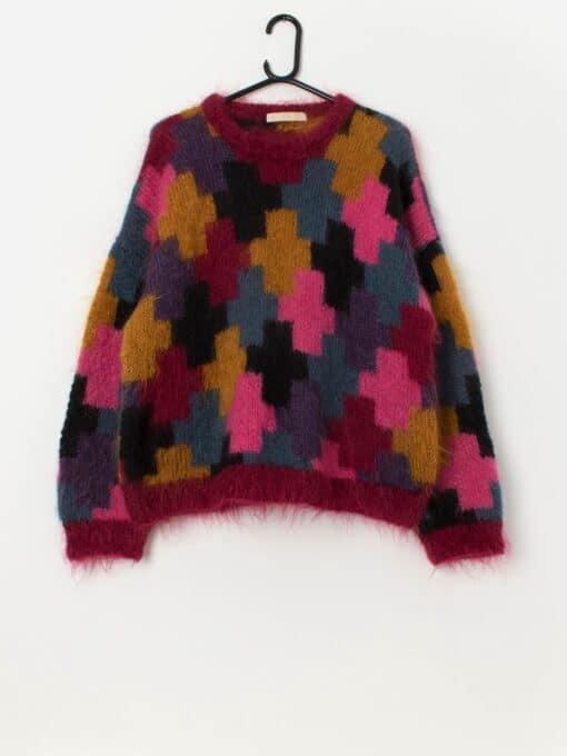 Vintage handknitted fluffy sweater in pink, yellow and purple - Large