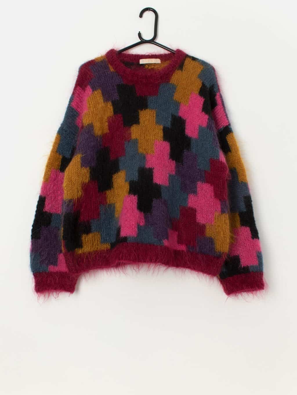 Vintage handknitted fluffy sweater in pink, yellow and purple - Large